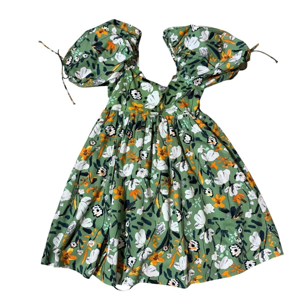 By Together Green Floral Puff Sleeve Lace Up Back Mini Dress L6258 Small (D) - Picture 5 of 7